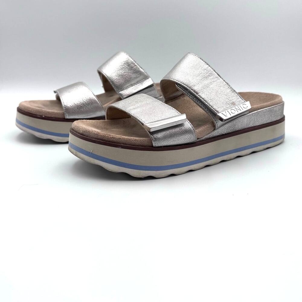 Vionic Brandie Metalic Silver Platform Slide Sandals Women's Size 5 EU36 Comfort